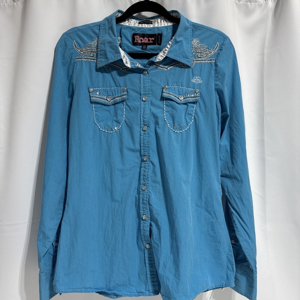 Roar Blue Bling Western Embellished Button Up Shirt Y2K Cowgirl Glam Boho M